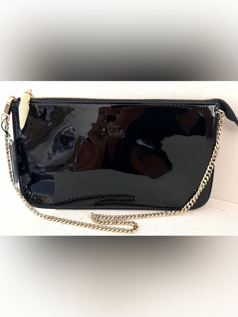 CHRISTIAN LOUBOUTIN Loubila Black Patent Leather Chain Shoulder Bag EUC + COA